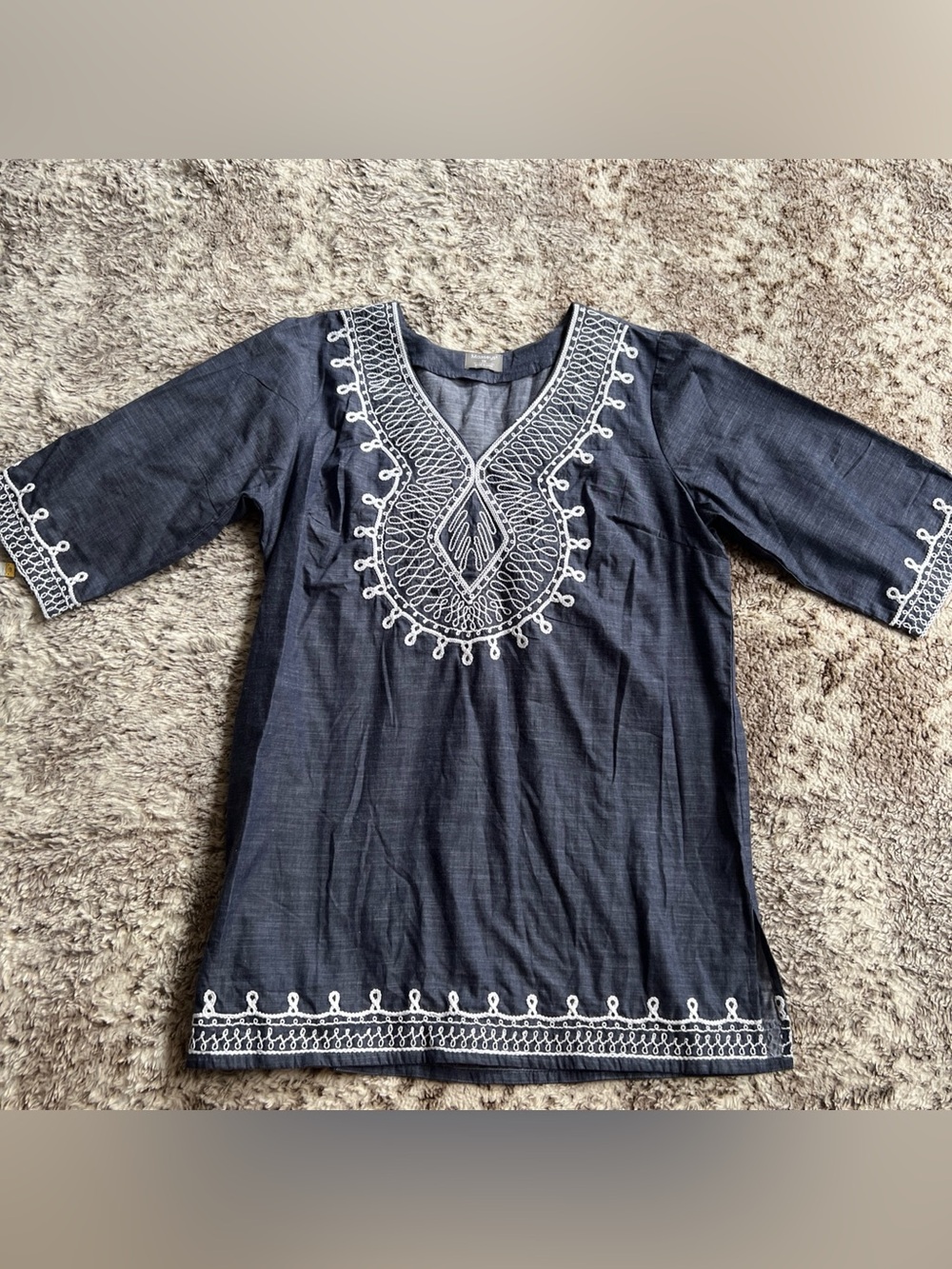Blue Grey Chambray Embroidered V-Neck Tunic with White Stitching 1x